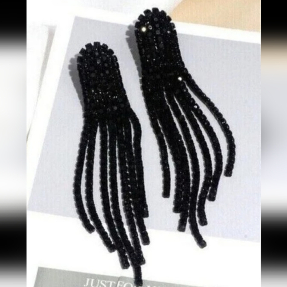 Black rhinestones tassel drop earrings sparkly